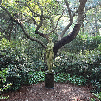 An 1859 statue of an imagined Virginia Dare, by Maria Louise Lander at the Elizabethan Gardens, Roanoke Island. Image from Flickr user one30outerspace.