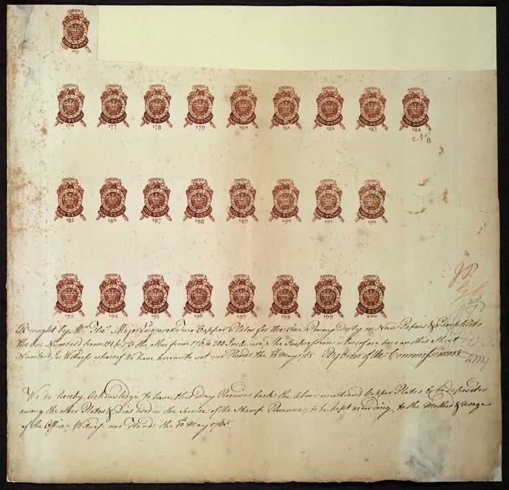 "America: Revenue 1765 Newspaper and pamphlet one penny. A proof sheet of 26, showing the registration certificate." British Library.