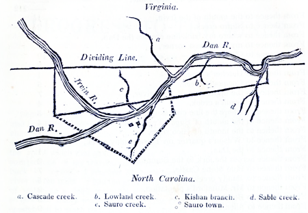 Map of William Byrd II's 'Land of Eden.' "My plat of twenty thousand acres in North Carolina. Surveyed in September, 1733, by Mr. Mayo, being fifteen miles long, three broad at the west end, and one at the east." Image from Archive.org.