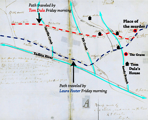 Map of paths walked by Tom Dula and Ann Melton.