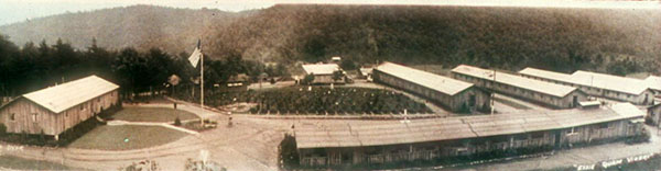 Photograph of Camp Dyer, a Civilian Conservation Corps Camp, near Morganton, N.C., ca. 1930. The development of the land that is now South Mountains State Park began at Camp Dyer in the 1930s.  From the collection of North Carolina State Parks.