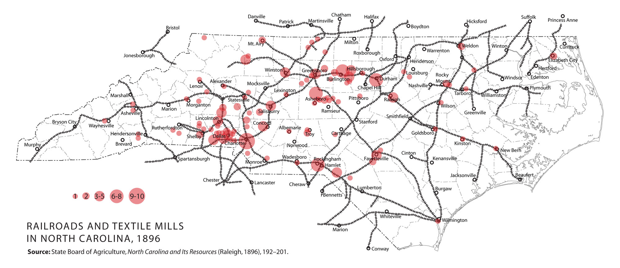 Map of railroads and textile mills in North Carolina in 1896