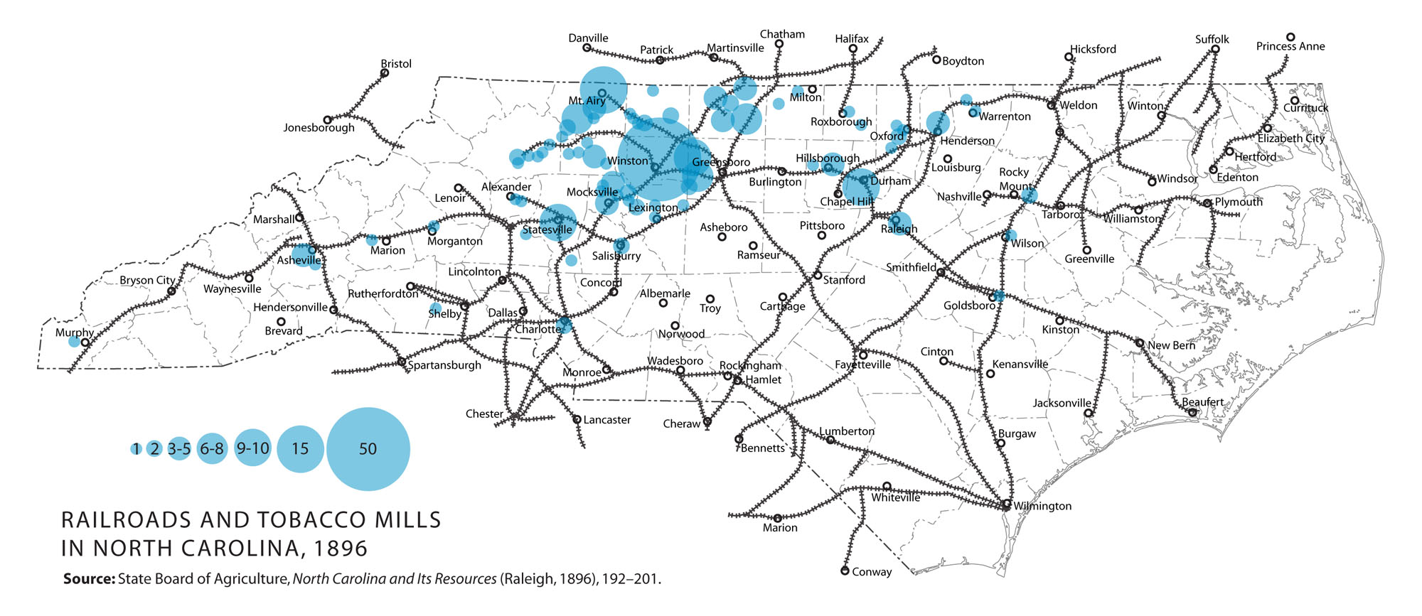 Map of railroads and tobacco mills in North Carolina in 1896