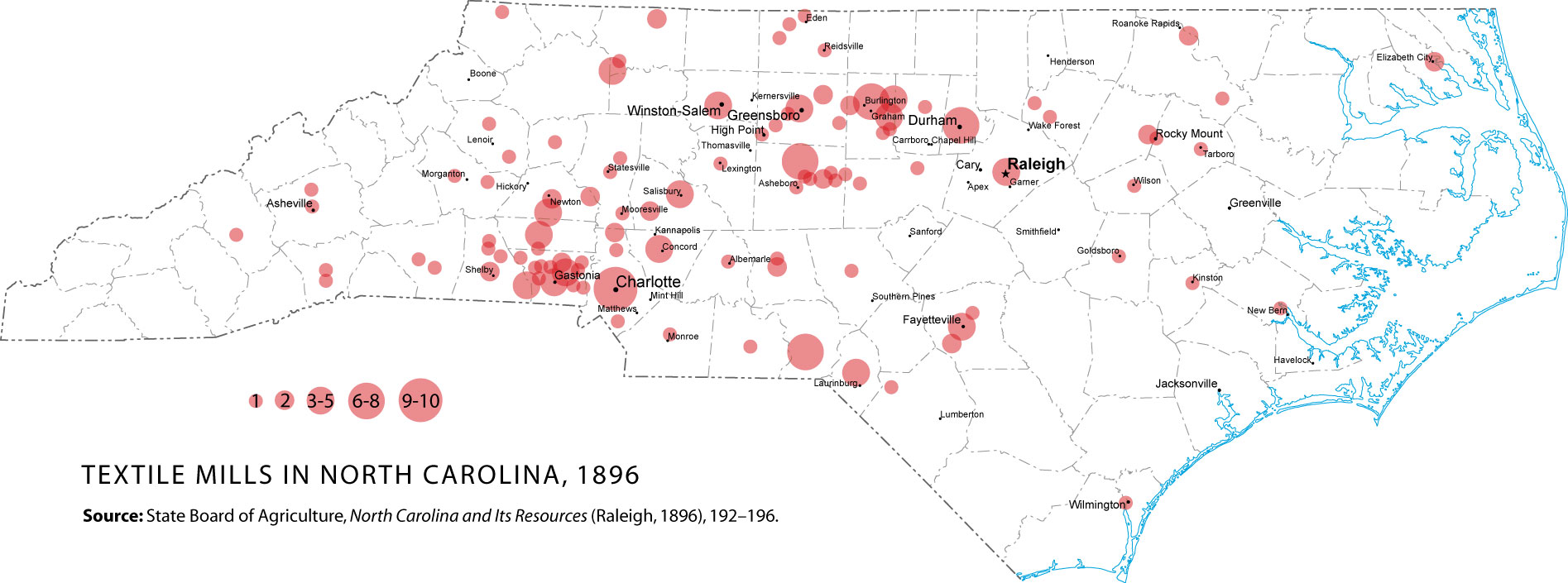 Map of North Carolina displaying textile mills in 1896