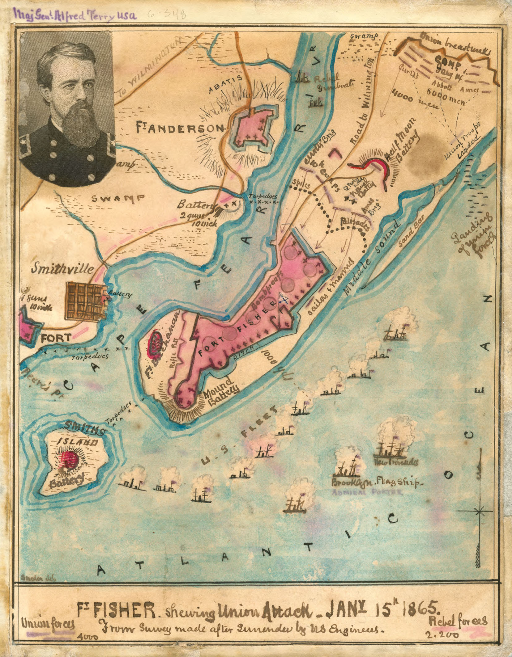 A map of the Union attack on Fort Fisher, 1865