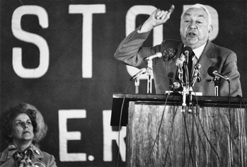 Former U.S. senator Sam J. Ervin Jr. speaks against the Equal Rights Amendment at Dorton Arena in Raleigh, 1977. Raleigh News and Observer.