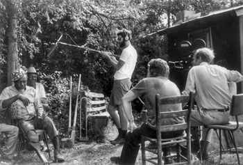 Singer and storyteller Arthur “Peg Leg Sam” Jackson (left) is interviewed by students from the University of North Carolina during a medicine show at the 1972 Chatham County Fair. North Carolina Collection, University of North Carolina at Chapel Hill Library.