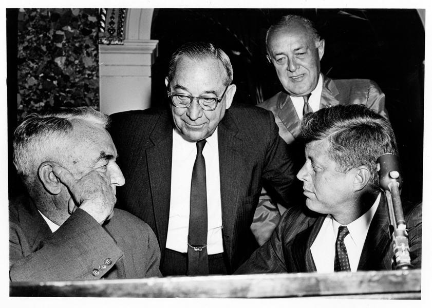 Photograph of B. Everett Jordan (center) with John F. Kennedy (right), Sam Ervin (left), and Harold Cooley (rear).  Image circa 1960-63.  Courtesy of East Carolina University Digital Collections. 