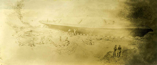 Photograph of a print of the building of the <i>CSS Albemarle</i>.  Item H.1946.14.140 from the collections of the North Carolina Musuem of History. Peter Evans Smith was in charge of the construction of the Confederate ironclad. 