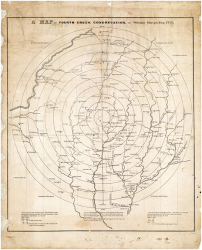 Map of Fourth Creek Congregation near Statesville (present day Iredell County), showing landowners. Published 1847 based on a 1773 map by William Sharpe. In the State Archives of North Carolina. Presented by North Carolina Maps online at the University of North Carolina at Chapel Hill.