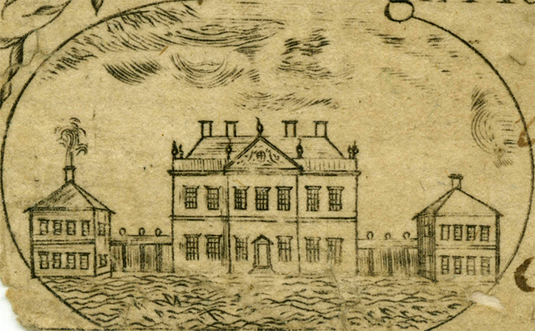 Detail of a 1775 North Carolina five dollar bill, showing Tryon Palace. Image from North Carolina Collection, University of North Carolina at Chapel Hill. 